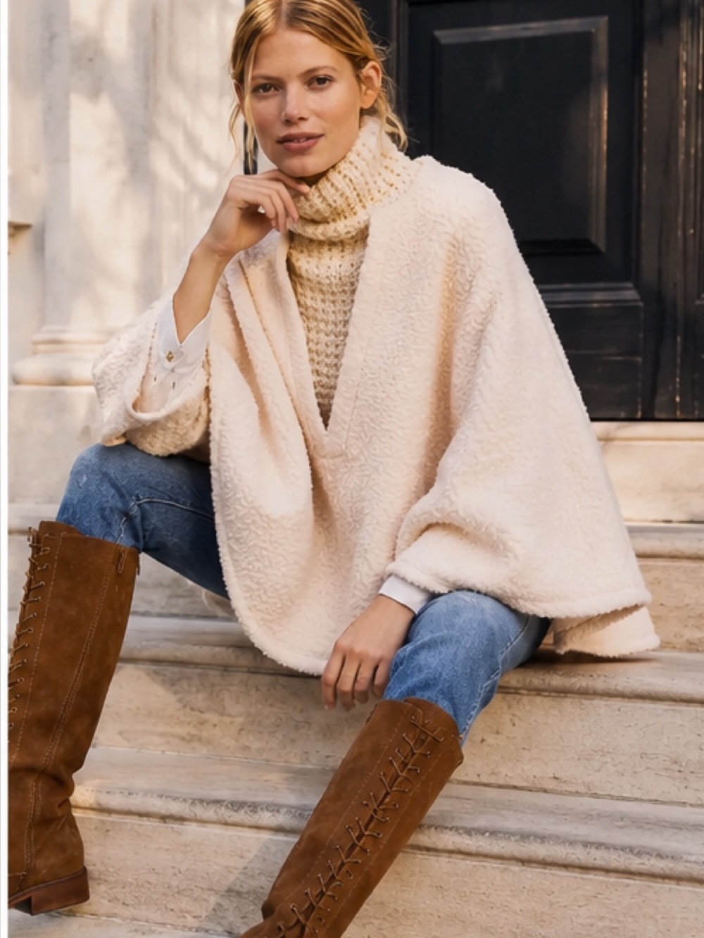 Anthropology Women’s Wool and Polyester Cream V-Neck Bouclé Sweater